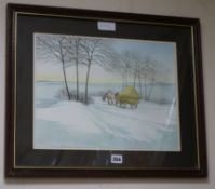 Colour print, 'Snow scene of a horse and hay cart' signed Maney, 31 x 41cm