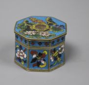 A Chinese cloisonne enamel octagonal box and cover, c.1900, decorated with the eight symbols of Good