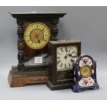 A late 19th century German eight day mantel timepiece in an ebonised and walnut case and two other