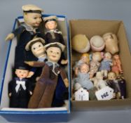 Five souvenir sailor dolls, a collection of miniature dolls and three Armand Marseilles bisque