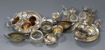 A collection of silver, silver-mounted and plated condiments, etc., comprising a pair of silver
