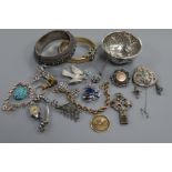 Mixed jewellery including white metal bird mourning brooch, Eastern bangle, fob seal etc.