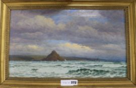 Frederick William Meyer, oil on canvas, Coastal landscape with castle, monogrammed, 30 x 50cm