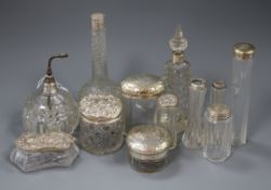 Twelve assorted silver mounted glass toilet jars, etc.