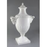 A large Furstenberg white glazed urn and cover, late 19th/early 20th century, of neo-classical form,