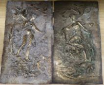 A pair of 19th century embossed brass plaques depicting Diana and Diktynna 51.5 x 29cm