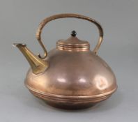 An Arts & Crafts copper compressed spherical kettle, by W.A.S. Benson, c.1895, with basket weave