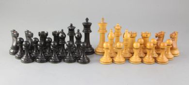 Possibly Ayres NOT Jaques & Sons, London. A Staunton pattern boxwood and ebony chess set, one rook