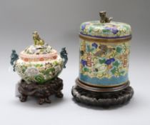 A Chinese cloisonne enamelled jar and cover with stand and a Japanese Kutani koro and cover with