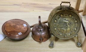 An embossed brass coal box, a Victorian copper kettle and a Victorian copper warming pan (3)