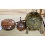 An embossed brass coal box, a Victorian copper kettle and a Victorian copper warming pan (3)