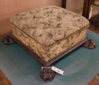 A Victorian square topped foot stool, with claw feet W.50cm