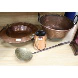 Three pieces of copper to include a jardiniere and a handled dish, with a brass chestnut roaster