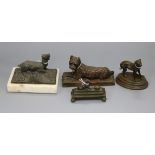 A bronze model of a mastiff, two other figures of dogs and a spelter model of a goat after P J