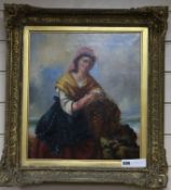 Victorian School, oil on canvas, Fisherwoman on the shore, indistinctly signed and dated 1870, 40
