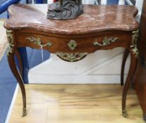 A Louis XVI-style kingwood side table with serpentine marble top and frieze drawer 97cm