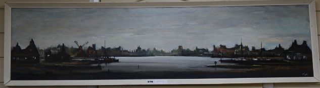 1960's Continental School, oil on board, Estuary scene, indistinctly signed, 30 x 120cm