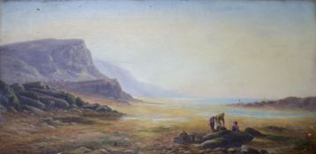 Cyril Stanley, oil on canvas, Seaweed gatherers on a beach, signed and dated 1880, 30 x 61cm,