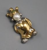 A Garrard two colour 18ct gold, cultured pearl and gem set "clown" brooch,