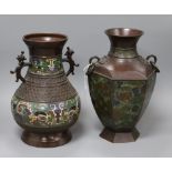 Two Japanese champleve enamel and bronze vases tallest 30.5cm