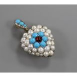 A yellow metal and pave set, turquoise, split pearl and cabochon garnet set heart shaped pendant,