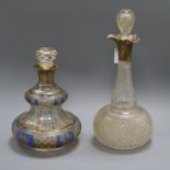 A Bohemian silver mounted blue and clear glass flash cut decanter and one other silver mounted