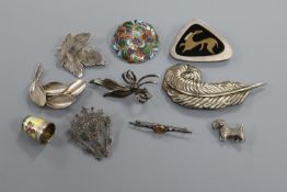 Two Danish sterling silver brooches, a cased enamelled thimble and seven other assorted silver