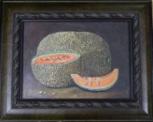 O. Miratuentes. oil on board, Still life of a melon, signed, 14 x 19cm