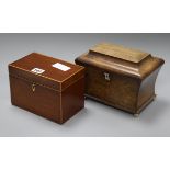 A George III mahogany tea caddy and a sarcophagus tea caddy