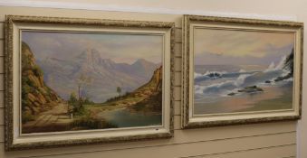 Jan N Lé Maitre, pair of oils on canvas, Mountain landscape and Waves breaking on the shore, signed,