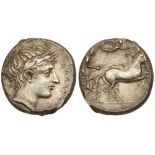 Sicily, Katane. Silver Tetradrachm (16.98 g), ca. 435-425 BC. Dies by the "Maestro della foglia".