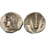 Lucania, Metapontion. Silver Nomos (7.81 g), ca. 330-290 BC. Wreathed head of Demeter left. rev.