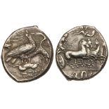 Sicily, Akragas. Silver Tetradrachm (17.11 g), ca. 409-406 BC. Nike, holding kentron and reins,