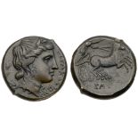 Sicily, Syracuse. Hiketas II. Æ (9.51 g), 287-278 BC. ΣYPAKOΣIΩN, wreathed head of Persephone right;