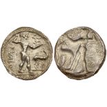 Bruttium, Kaulonia. Silver Nomos (7.63 g), ca. 500-480 BC. KAVΛO (retrograde), Apollo advancing