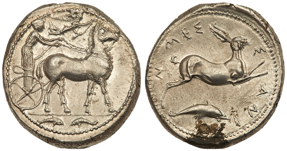 Sicily, Messana. Silver Tetradrachm (17.44 g), ca. 420-413 BC. The nymph Messana, holding kentron