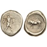 Lucania, Poseidonia. Silver Nomos (8.04 g), ca. 470-445 BC. ΠOMES, Poseidon advancing right,