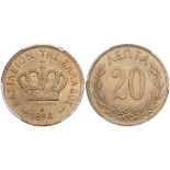George I (1863-1913), copper-nickel 20-Lepta, 1894-A, Paris. Crown, date below, rev. value within