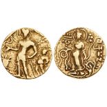 Gupta Empire, Chandragupta II (380-414). gold Dinar (7.67 g). Chatra type, king making offering at