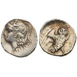 Calabria, Taras. Silver Drachm (3.29 g), ca. 280-272 BC. Helmeted head of Athena left; below, EY.