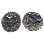 Calabria, Taras. Silver Diobol (1.25 g), ca. 325-280 BC. Head of Herakles facing slightly left,