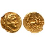 Calabria, Taras. Pyrrhos of Epiros. Gold Hemistater (4.28 g), ca. 276-272 BC. Head of Herakles