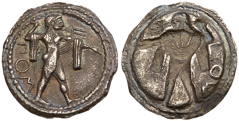 Lucania, Poseidonia. Silver Drachm (3.70 g), ca. 530-500 BC. ΠOM, Poseidon advancing right,