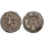 Lucania, Poseidonia. Silver Drachm (3.70 g), ca. 530-500 BC. ΠOM, Poseidon advancing right,