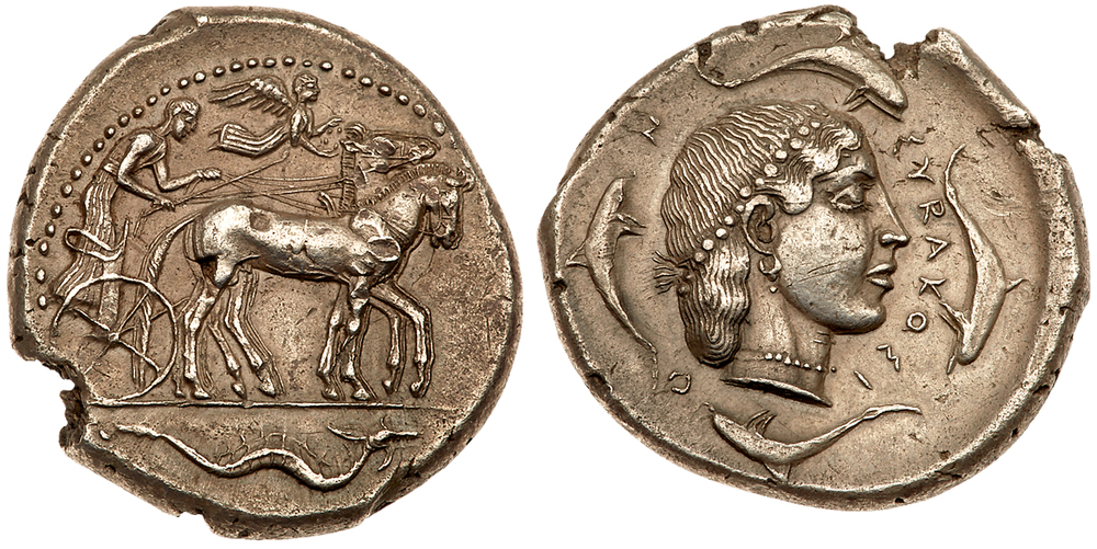 Sicily, Syracuse. Second Democracy. Silver Tetradrachm (17.24 g), 466-405 BC. Charioteer, holding