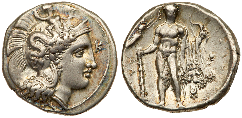 Lucania, Herakleia. Silver Nomos (7.84 g), ca. 335-300 BC. Head of Athena, wearing crested Attic