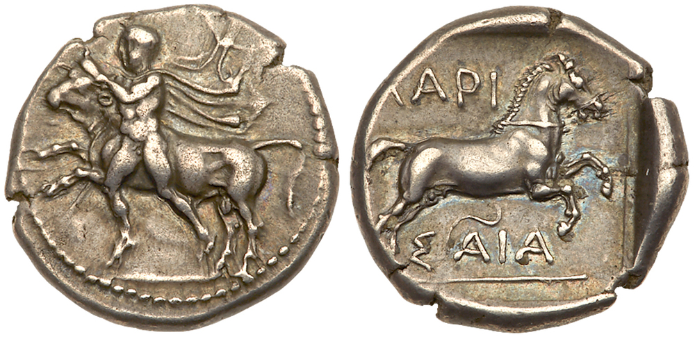 Thessaly, Larissa. Silver Drachm (5.95 g), ca. 450-420 BC. Youth wrestling bull left, petasos and