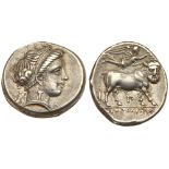 Campania, Neapolis. Silver Nomos (7.39 g), ca. 320-300 BC. Head of nymph right; behind, Artemis