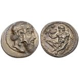 Sicily, Naxos. Silver Drachm (4.17 g), ca. 460-430 BC. Bearded head of Dionysos right. rev. N-A-XI-