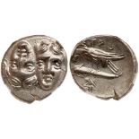 Moesia, Istros. Silver Drachm (4.31 g), 4th century BC. Facing male heads, the left inverted.